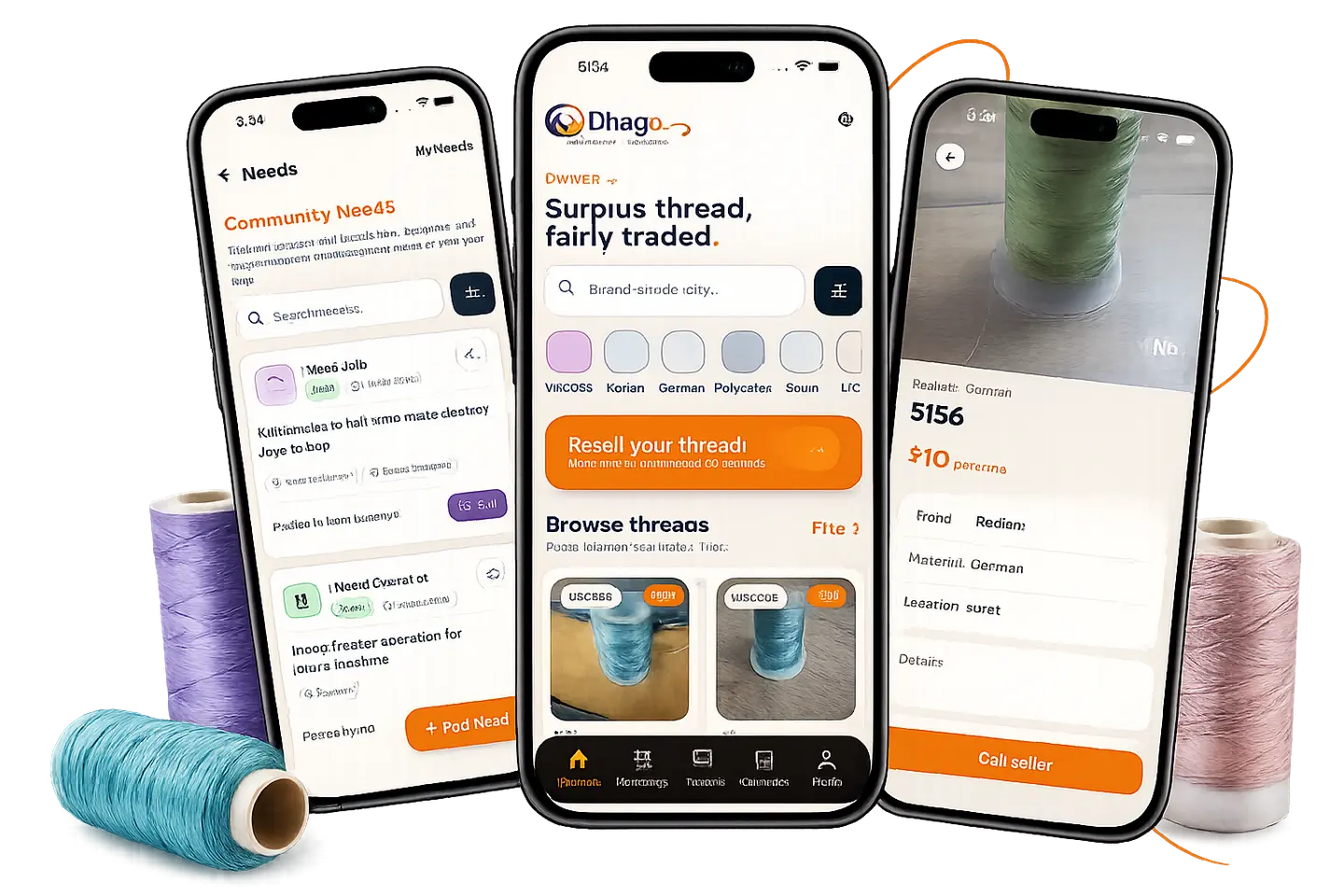 Three phones showing Dhago — Community Needs, Today's Bazaar and a thread listing — surrounded by thread spools