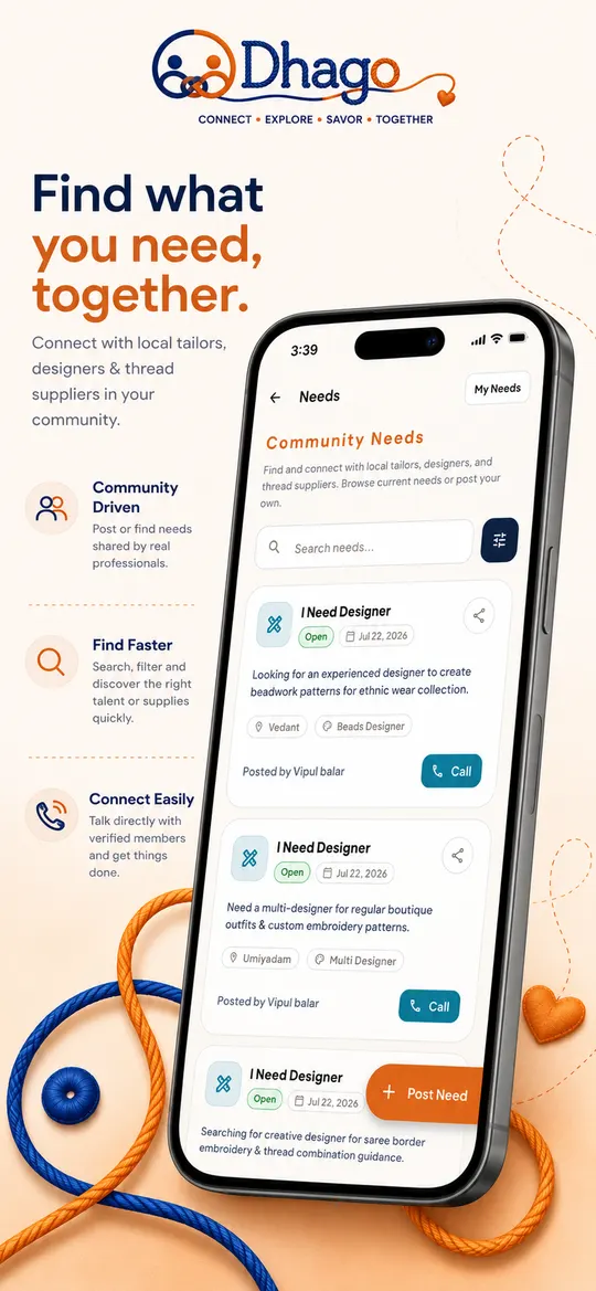 Community Needs screen with open I Need Designer posts and call buttons